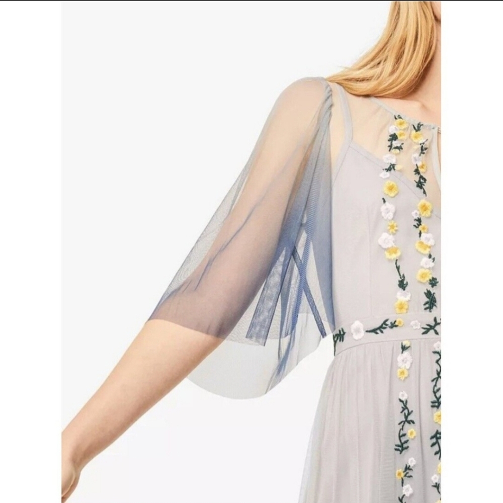 French Connection Blue Ombre Gauze Floral Embroidered Flutter Sleeve Maxi Dress - Picture 3 of 8
